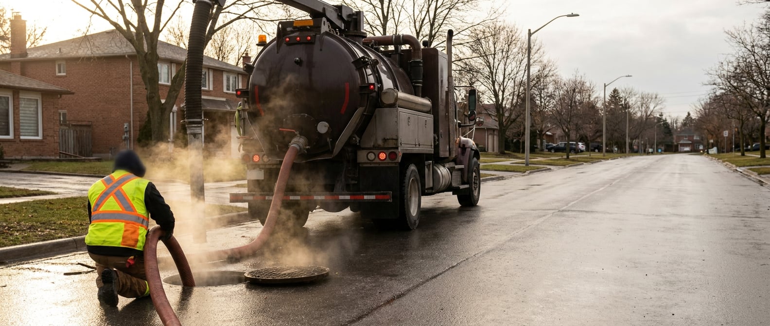Hydro-jetting truck on a municipal sewer cleaning run.