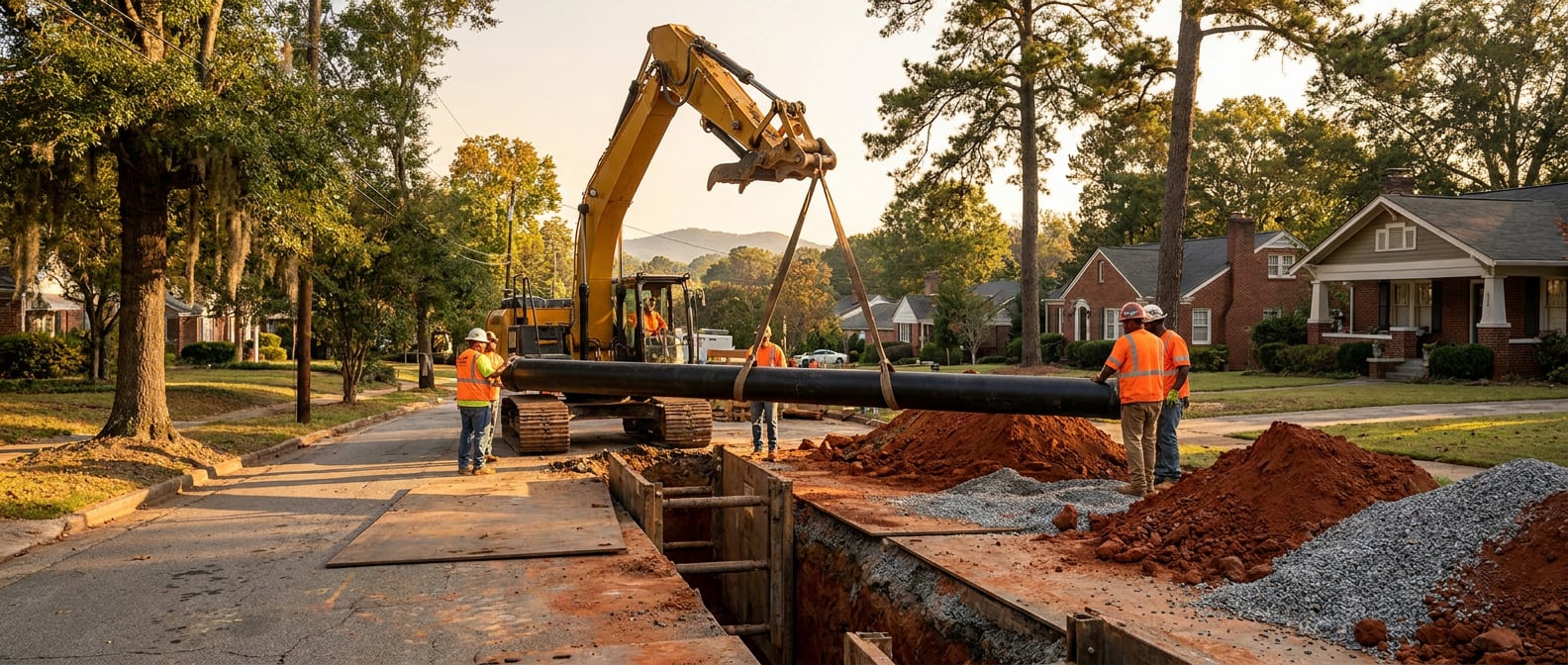 Open-cut water main installation with crew on grade work.